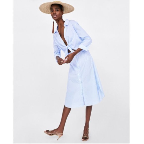 Zara Poplin Dress Tie Front Striped Blogger Fav M - Picture 3 of 13